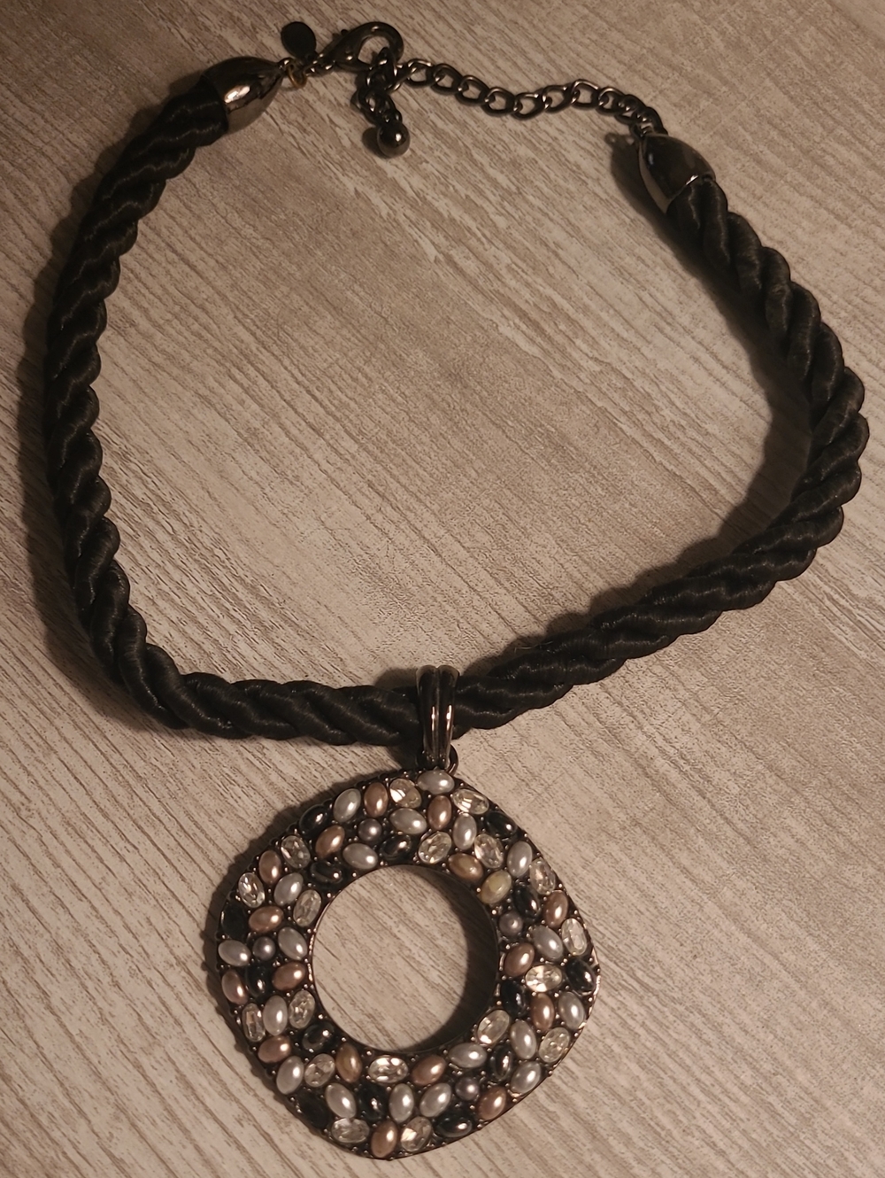 Chico's Elegant Black Rope Necklace with Multi-Tone Gemstone Pendant. Bin 8.